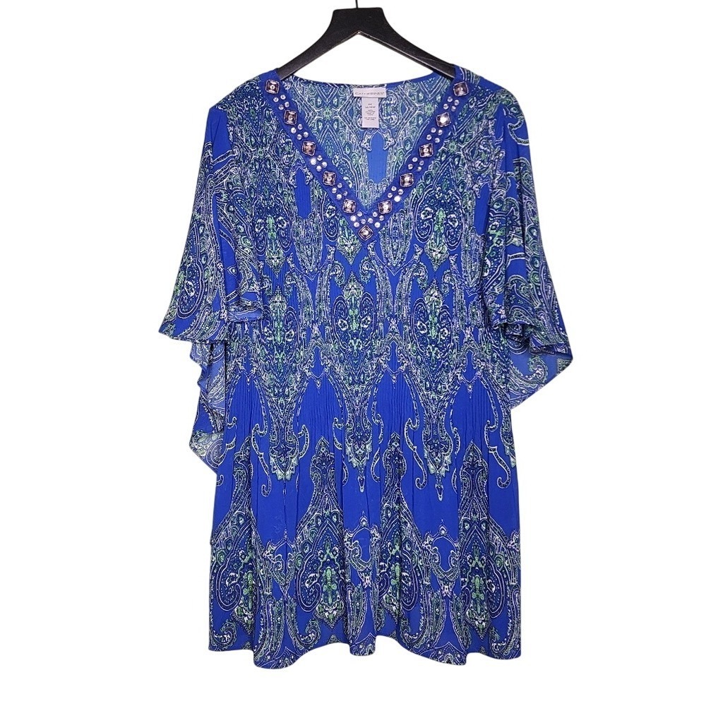 Catherines Blue Paisley Top Embellished VNeck Flowy Tunic Boho Cottage 14/16W